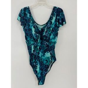 Denim & Co Beach Womens Teal Blue Leopard Ruffle Sleeve One Piece Swimsuit 16